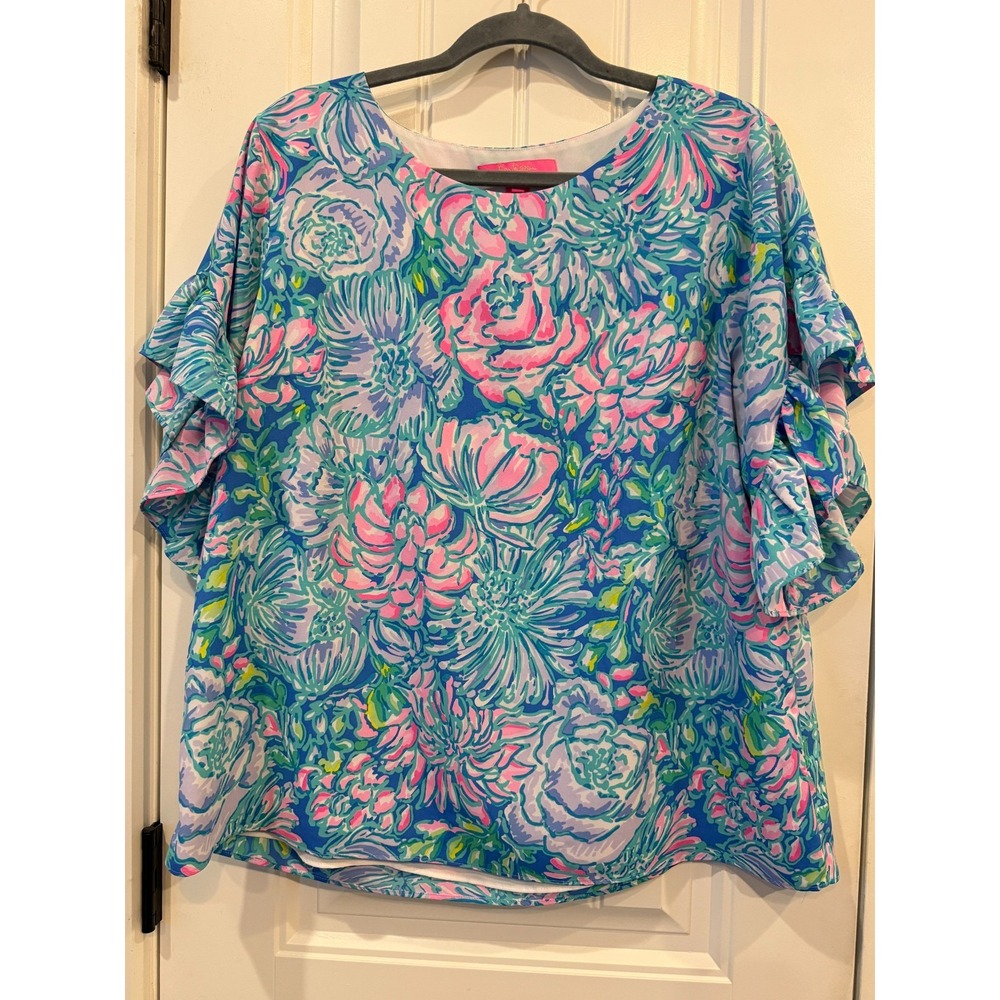 Lilly Pulitzer Darlah Top Sz Large – Lileeze‎ "Full Bloom" Floral Ruffle Sleeves